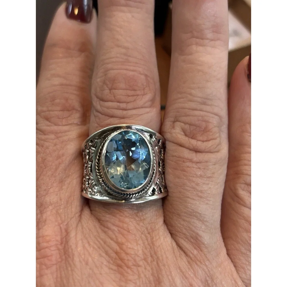 Vintage BJC Blue Topaz Ring Woven Byzantine  Sterling Silver Sz9.5